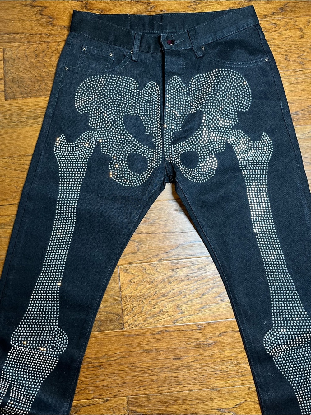 MNML Men’s Black Jeans with Silver Studded Skeleton Design